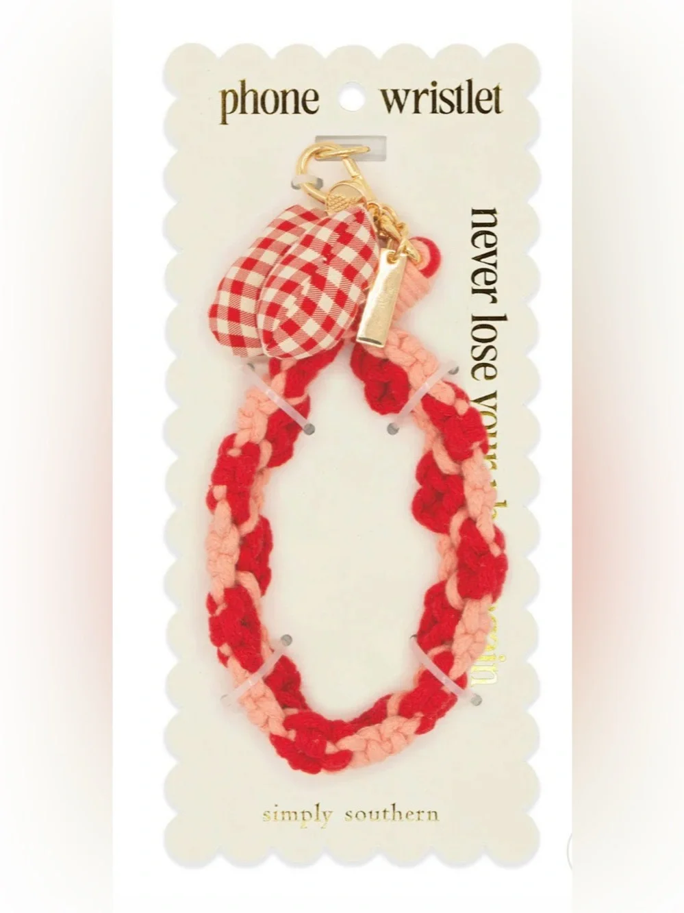Simply Southern Red and Light Pink Braided Phone Wristlet with Gingham Charm